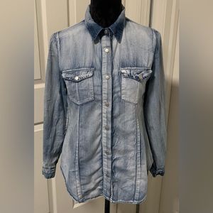 Red Tulips Distressed Denim Shirt